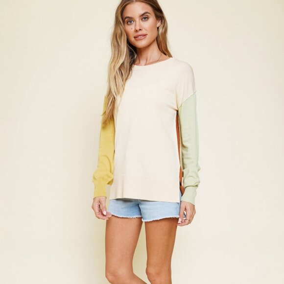 MYSTREE Color Block Knit Sweater, Cream Brown Yellow Green, Lightweight Pullover - Picture 5 of 8